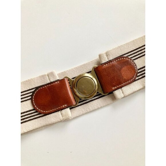 Vintage Brown Leather Beige Striped Stretch Canvas Brass Waist Belt, One Size - Picture 2 of 9